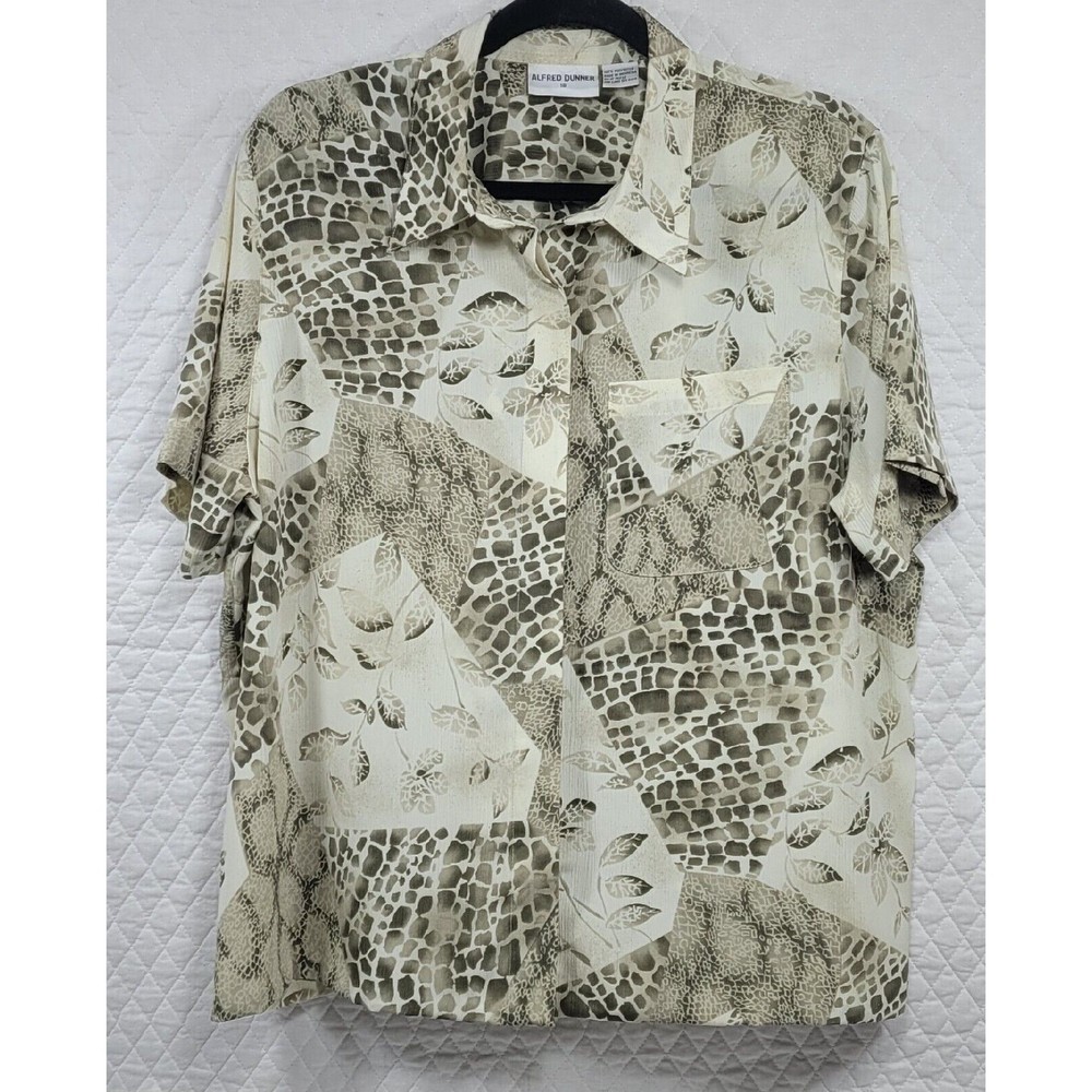 Alfred Dunner Women's Blouse Top Button Up Short Sleeve Leaf Print Size 18